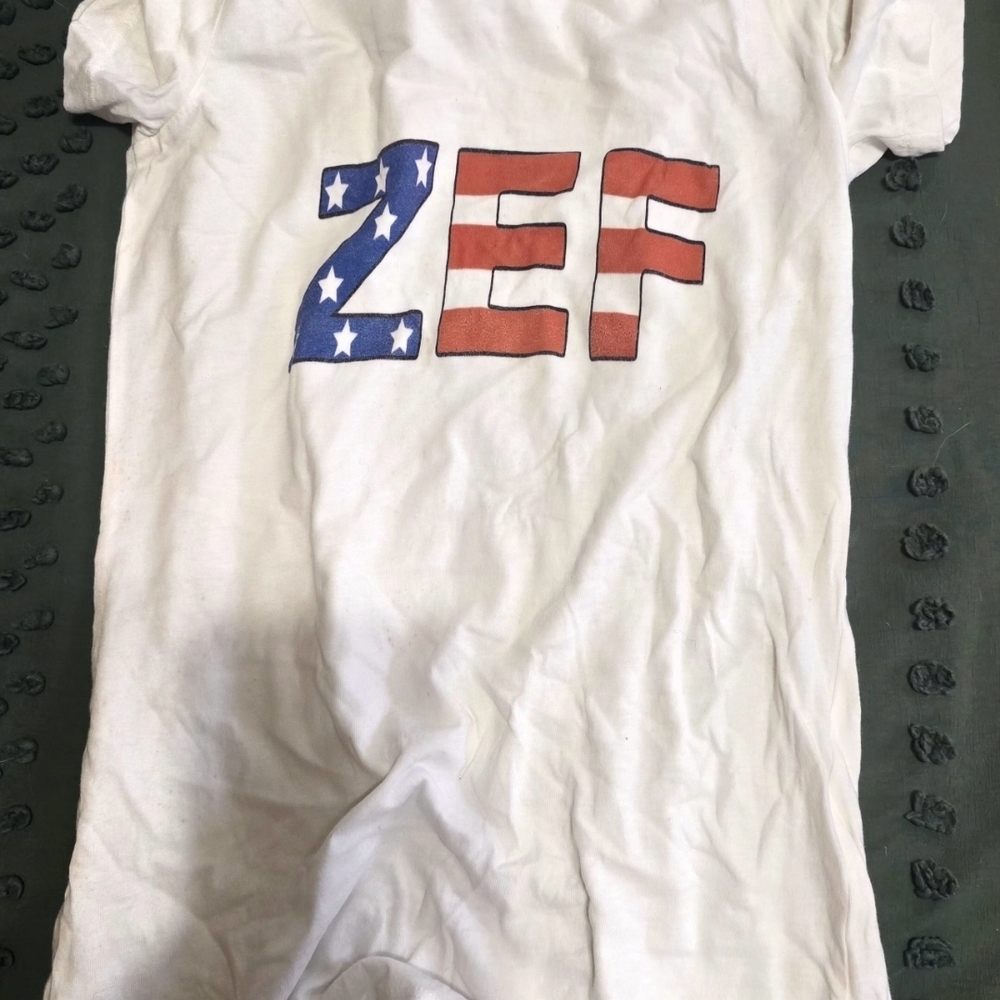 White Short Sleeve Tee with Red and Blue ZEF Design